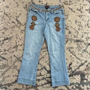 Vintage Nevada Patchwork Flower Boho Belted Bootcut Jeans